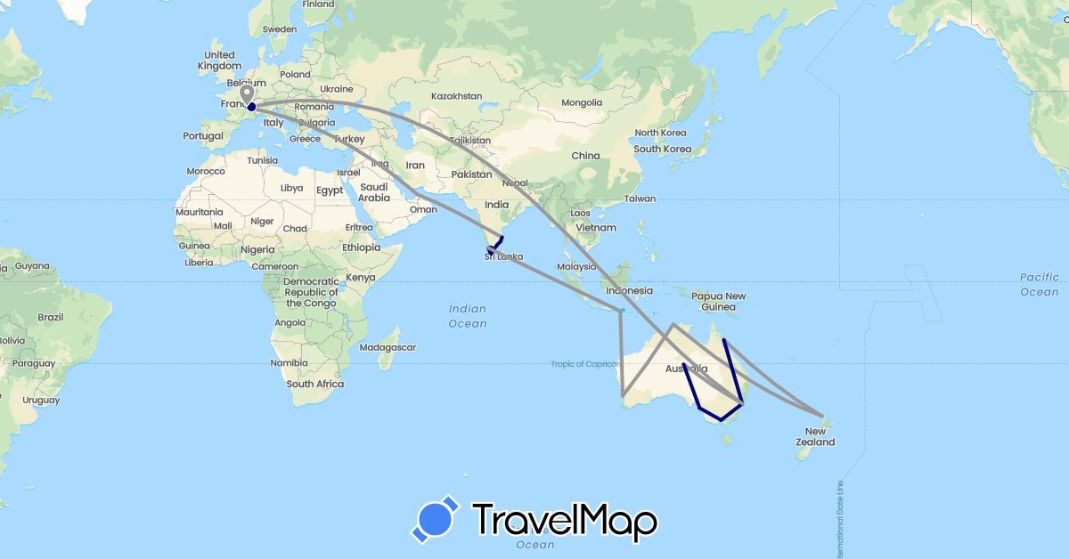 TravelMap itinerary: driving, plane, hiking, boat, hitchhiking in United Arab Emirates, Australia, France, Indonesia, India, New Zealand (Asia, Europe, Oceania)